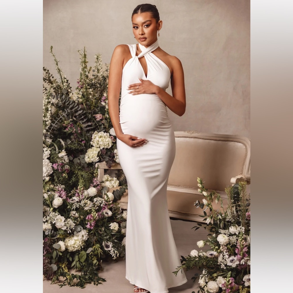 Club L London White Halter Maternity Maxi Dress